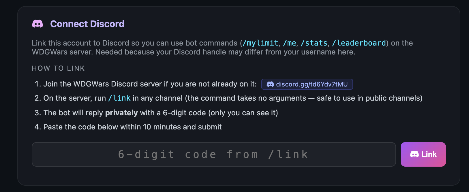 Connect Discord card in the profile page