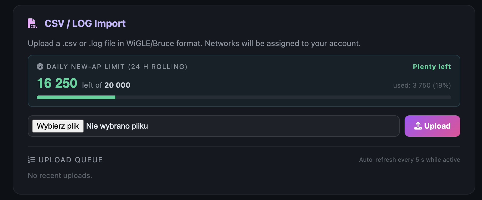 Daily limit shown in the upload section